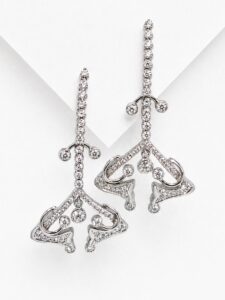 Silver-tone diamond-studded drop earrings with ornate filigree dangles on a white background (pair).